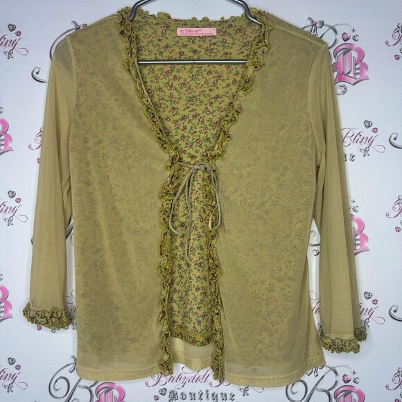 c.blue cardigan top tie up mesh floral flowers tie up ribbon stretchy y2k rare - Picture 1 of 11